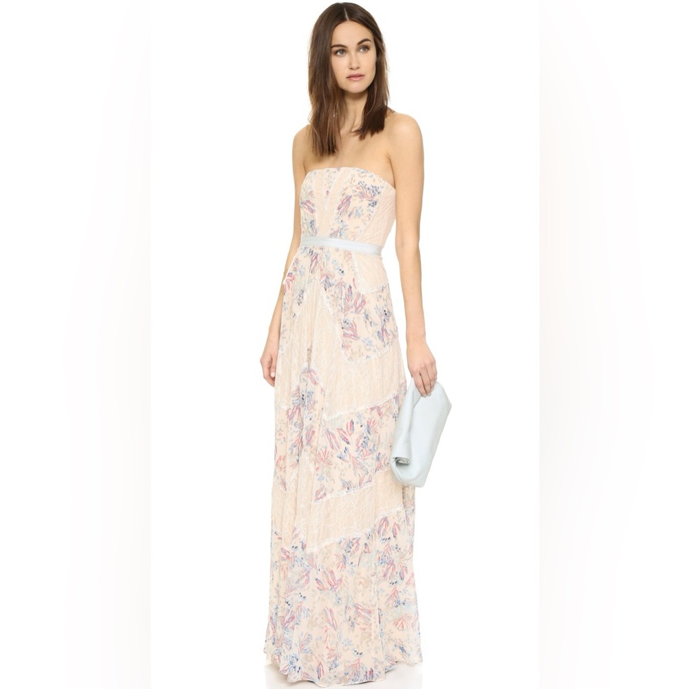 BCBGMaxAzria Beige Floral Maxi Dress with Light Blue Waist